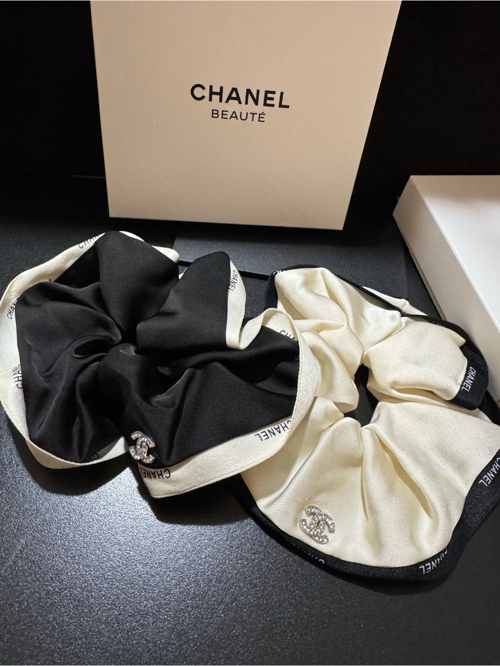 CHANEL Beaute GWP Silk Logo Scrunchies in Black and Cream Set of 2 GWP